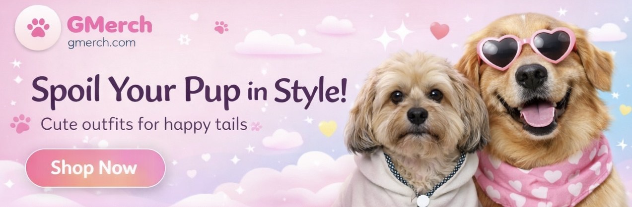 GMerch featured ad banner with two stylish ambassador dogs and a Shop Now call to action